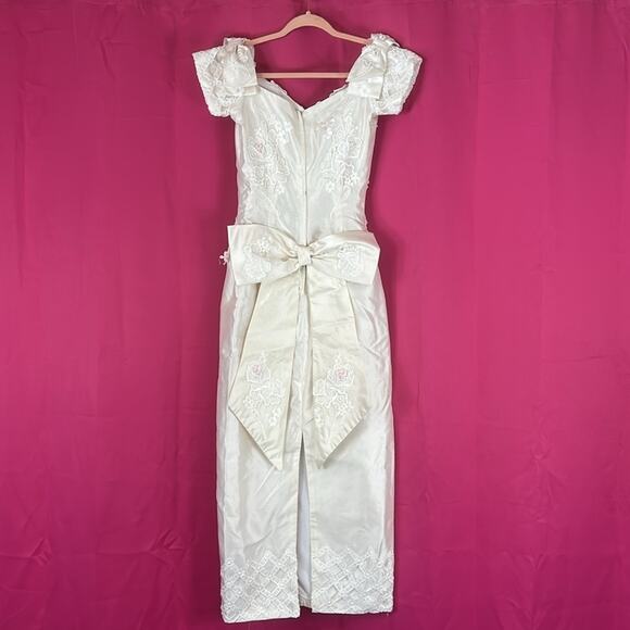 Vintage rosebuds and embroidery basque waist sheath style wedding dress small xs - Picture 3 of 16